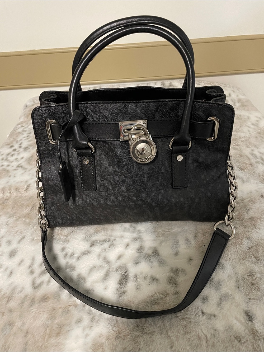 Michael Kors Black Logo-Print Satchel with Silver Chain Strap